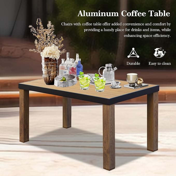 Domi Aluminum Patio Furniture Set, 2-Piece Modern Conversation Set with Cotton Padding Backrests and Seats, Outdoor Loveseat Metal Sofa Set with 5.5 Inch Cushion and Coffee Table for Balcony, Garden