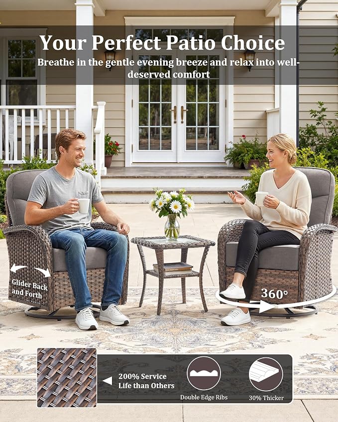 5-Piece Luxury Patio Furniture Set with 6-Inch Thick Cushions, High-Back Outdoor Swivel Rocker Chairs & Wicker 42" Fire Pit, All-Weather Conversation Set for Porch, Deck, Balcony or Backyard – Gray