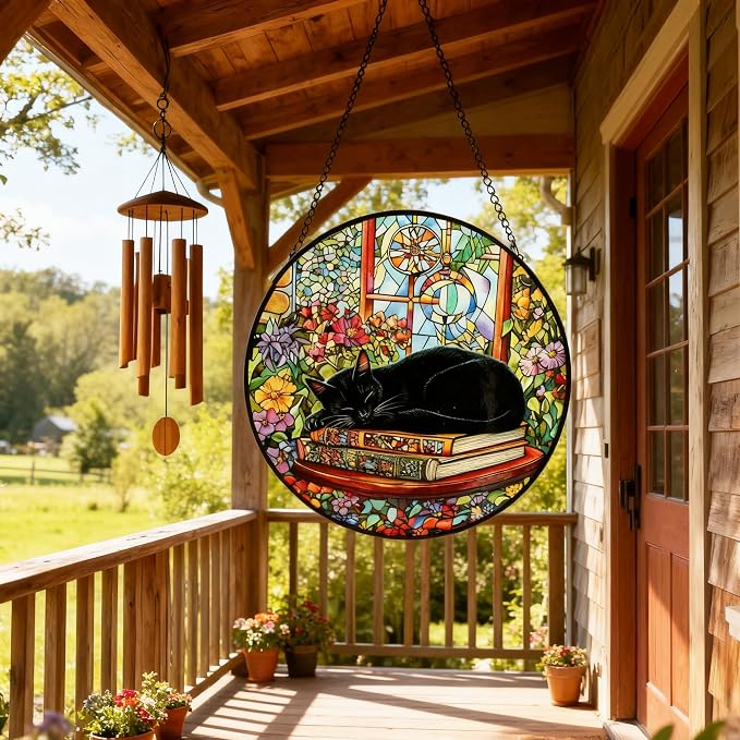 Cat Stained Glass Suncatcher Window, Hanging Sun Catchers Indoor Window, Suncatcher for Nana/Mom/Women (Black Cat)