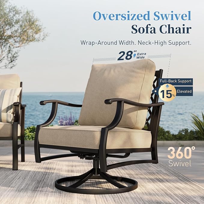 SUNSHINE VALLEY Patio Furniture Set with Firepit Table, 4 Piece Metal Outdoor Patio Furniture, 2 Swivel Chairs and 3 Seater Sofa with 5.75" Extra Thick Cushion and Gas Fire Pit Table for Backyard Deck