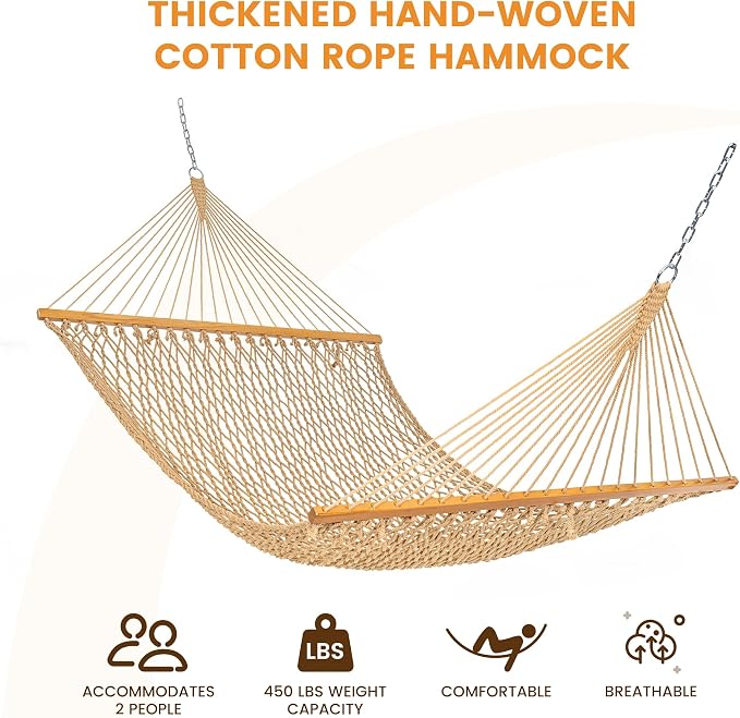 Lazy Daze Hammocks Double Rope Hammock, 2 Person Traditional Outdoor Hand Woven Cotton Rope Hammock with Spreader Bar, Carabiners, Tree Straps, Chains for Patio Yard - Max 450 Lbs, Tan