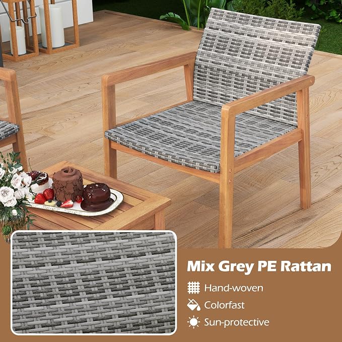 HAPPYGRILL 8-Piece Patio Furniture Set, PE Rattan Patio Bistro Set with Loveseat, Single Chairs & Coffee Table, Outdoor Acacia Wood Conversation Set for Garden, Backyard, Poolside & Porch