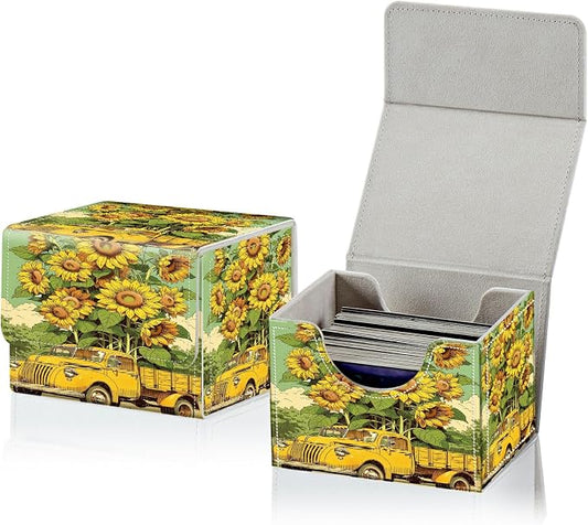 Card Deck Box for MTG, Cards Storage Box Fits 120+ Sleeved, Leather Small Size Strong Magnetic Closing Card Case for Board Games Magic TCG CCG Baseball Collection, Sunflower Truck
