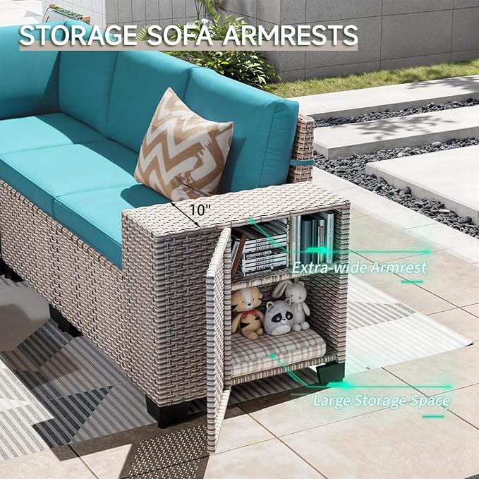 9-Piece Outdoor Patio Furniture Set, Modular Sectional Sofa Set with Swivel Rocker Chairs, Wicker Outdoor Couch Conversation Sets w/Coffee Table and Cushions, Turquoise