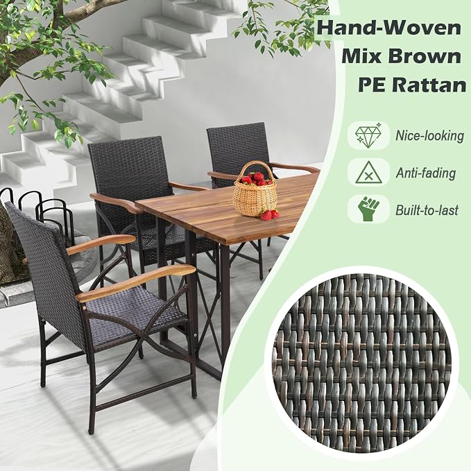 Tangkula 5 Pieces Outdoor Dining Set with Acacia Wood Table & 4 Wicker Rattan Armrest Chairs, Detachable Cushions, Umbrella Hole, All-Weather Patio Conversation Furniture Set for Garden Deck (5 PCS)