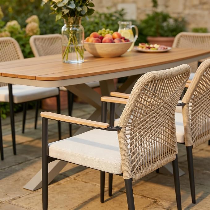 SUNSITT 9 Piece Outdoor Patio Dining Set, Patio Dining Furniture Set with 87” Aluminum Dining Table w/X Base Legs and 8 Woven Wicker Patio Chairs w/WPC Armrests for Garden, Flaxen