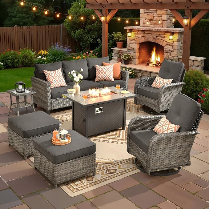 CAODOC 7 Pieces Outdoor Furniture,Patio Furniture with 42" Fire Pit Table,Wicker Conversation Set for Balcony,Deck,Pool and Backyard(Black)