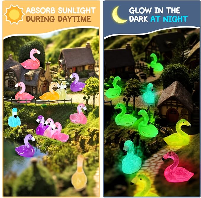 32pcs Luminous Large Mini Resin Flamingo Ducks 8 Colors Glow in The Dark Tiny Small Little Resin Flamingo to Hide Plastic Animal Figures for Micro Fairy Garden Landscape Dollhouse Aquarium Decorations