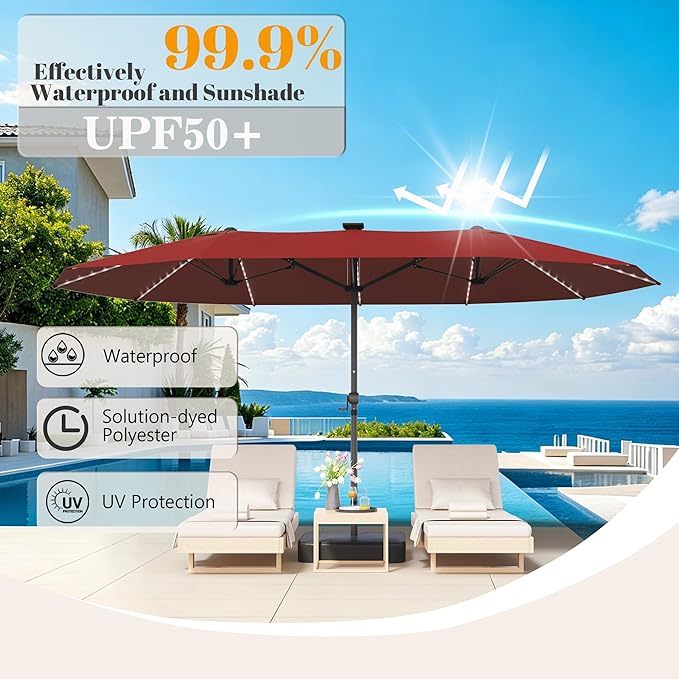 GDPFN 15ft Rectangular Patio Umbrella with Solar LED Lights, Double-Sided Outdoor Market Umbrella with Base Included, Extra Large Shade for Pool, Deck, Backyard, Garden, Burgundy