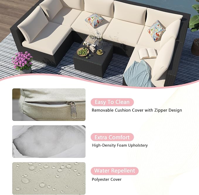 7-Piece Patio Furniture Set - Outdoor Sectional Sofa Set with Cushions and Glass-Top Coffee Table for Gardens, Poolside, Backyards and Porches, Beige/Black