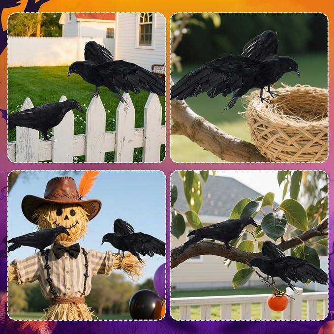 Black Fake Crows Halloween Decorations, 2 Pcs Large Realistic Feather Crows | Fake Crow Decor for Halloween Decor Birds, Plastic Stuffed Crow Prop Decoration Outdoor Indoor Tree Fence, 11 Inch