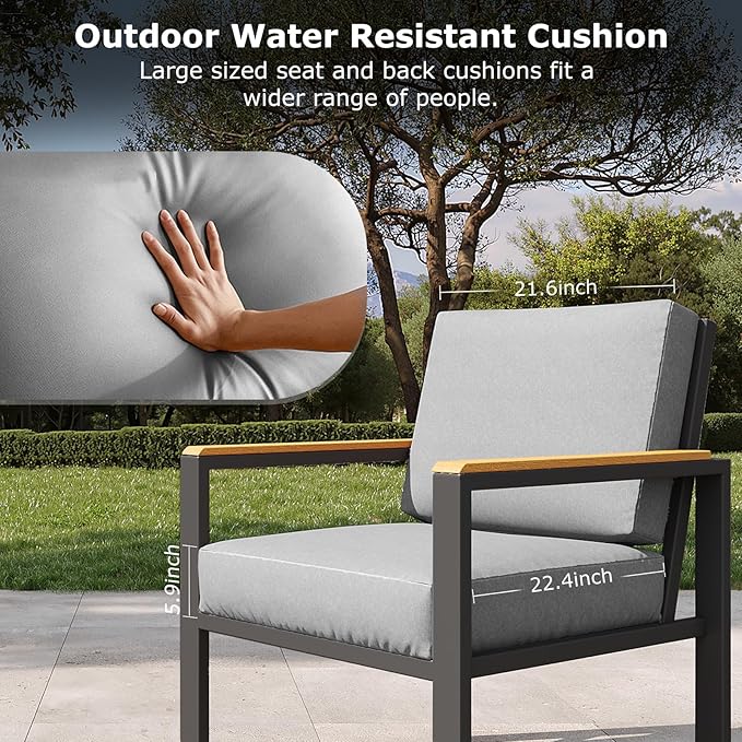 4-Piece Outdoor Patio Furniture Set, Metal Conversation Sofa Set with Deep Cushions & Wood-Like Armrests, Modern Patio Seating with Coffee Table for Garden, Porch, Balcony, Backyard (Grey)