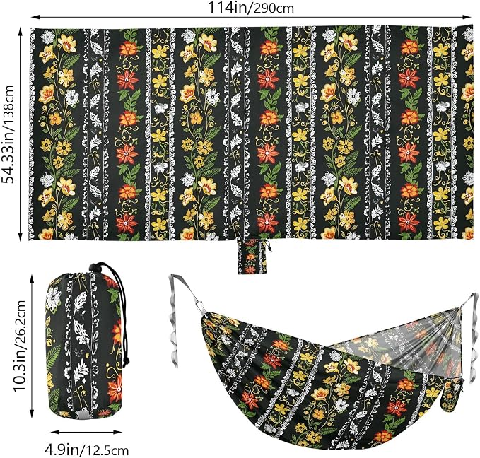 Camping Hammock Outdoor Hammocks for Outside Black Floral Beach Trees Portable Lightweight with Pockets Tree Straps Indoor
