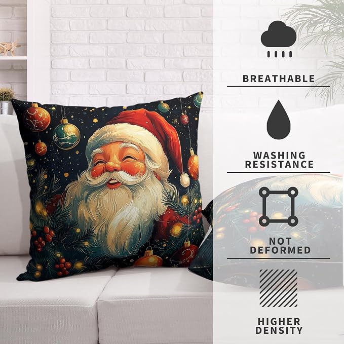 Christmas Santa Pillow Covers Xmas Throw Pillow Covers 24x24 Set of 2 Black Red Holiday Pillowcase Double Sided Printing Cotton Linen Cushion Case for Living Room Sofa Couch