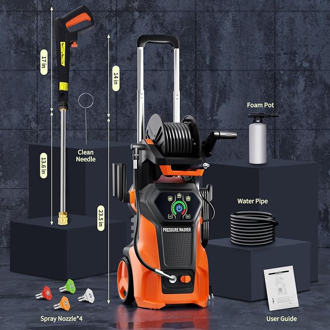 Fenbeli 𝟓𝟎𝟎𝟎𝐏𝐒𝐈 𝐏𝐫𝐞𝐬𝐬𝐮𝐫𝐞 𝐖𝐚𝐬𝐡𝐞𝐫 Portable Washer Cleaner with 4 Quick Connect Nozzles for Car Driveway Patio Fence (Orange)