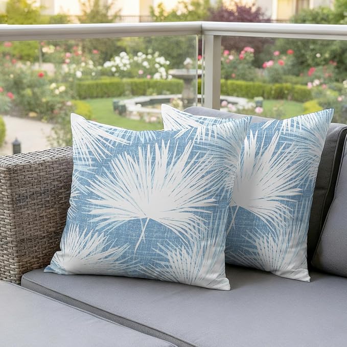 Throw Pillow Covers 16x16 Inch Set of 2, Sky Blue Palm Leaves Coastal Waterproof Outdoor Pillow Covers, Summer Tropical Botanical Decorative Cushion Pillowcases for Couch, Sofa, Bed, Garden, Patio