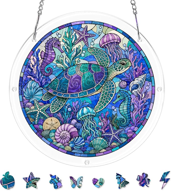 Acrylic Puzzle Suncatcher, Sun Catchers Puzzle for Window Hanging | 8.2 Inch Coastal Turtle DIY Suncatcher Puzzle for Adults, Ideal Gifts for Women, Men, Wife, Mom, Home & Garden Decor