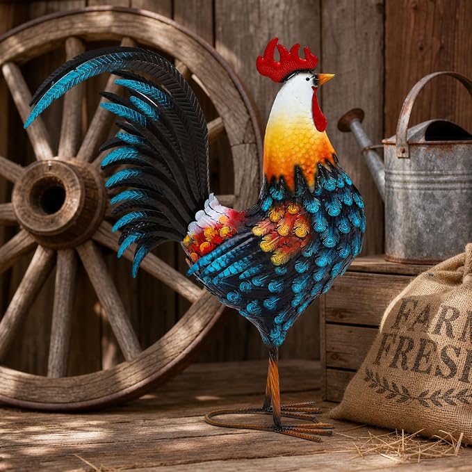 32" Majestic Metal Rooster Yard Decor, Large Outdoor Garden Statue | Outdoor Chicken Sculpture, 3D Hand-Painted, Rustic Farmhouse Style, Weather-Resistant Iron, Backyard Patio Lawn Garden