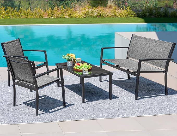 Devoko 4 Pieces Patio Furniture Set Outdoor Garden Patio Conversation Sets Poolside Lawn Chairs with Glass Coffee Table Porch Furniture (Grey)