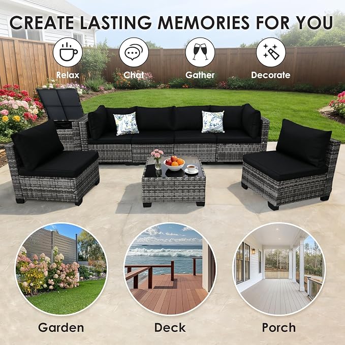 8 Pieces Patio Furniture Set with Storage, Outdoor Sectional Sofas | Storage Box with a Waterproof Bag, Wicker Modular Outdoor Sectional Furniture with Thick Cushions for Deck, Porch, Black