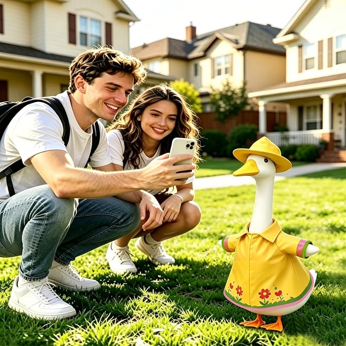 Floral Raincoat Porch Goose Outfits: 3 Pcs/Set Yellow Lawn Goose Statue Rain Coat Costume with Umbrella Hat - Summer Yard Goose Clothes for 23 Inch Goose Statue - Patio Garden Porch Lawn Outdoor Decor