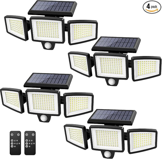 Tuffenough Solar Outdoor Lights 2500LM 210 LED Security Lights with Remote Control,3 Heads Motion Sensor Lights, IP65 Waterproof,270° Wide Angle Flood Wall Lights with 3 Modes(4 Pack)