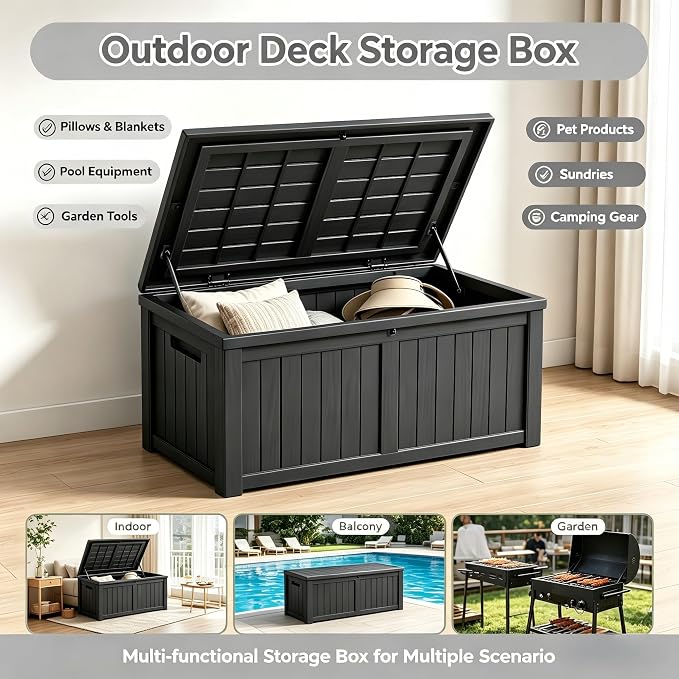 182 Gallon Outdoor Deck Storage Box, Large Waterproof Resin Patio Storage Box, Lockable Bench Seat Holds 2 Adults, for Garden Tools, Cushions & Pool Floats, UV & Rust Resistant, Black