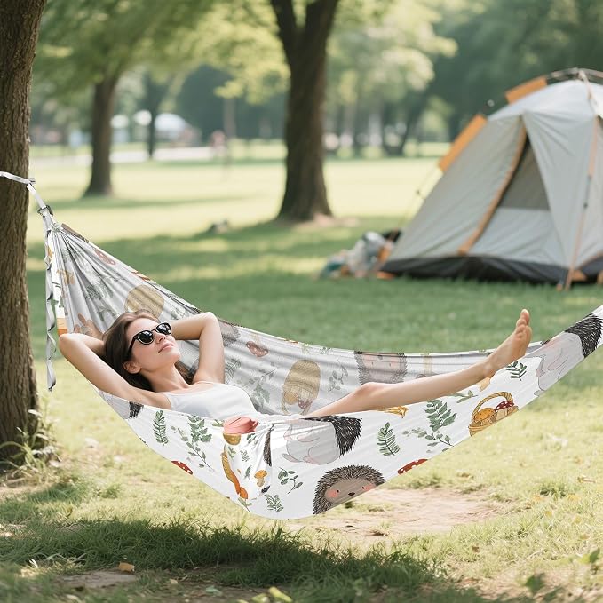 Camping Hammock Outdoor Hammocks for Outside Hedgehog Fox Mushrooms Beach Trees Portable Lightweight with Pockets Tree Straps Indoor