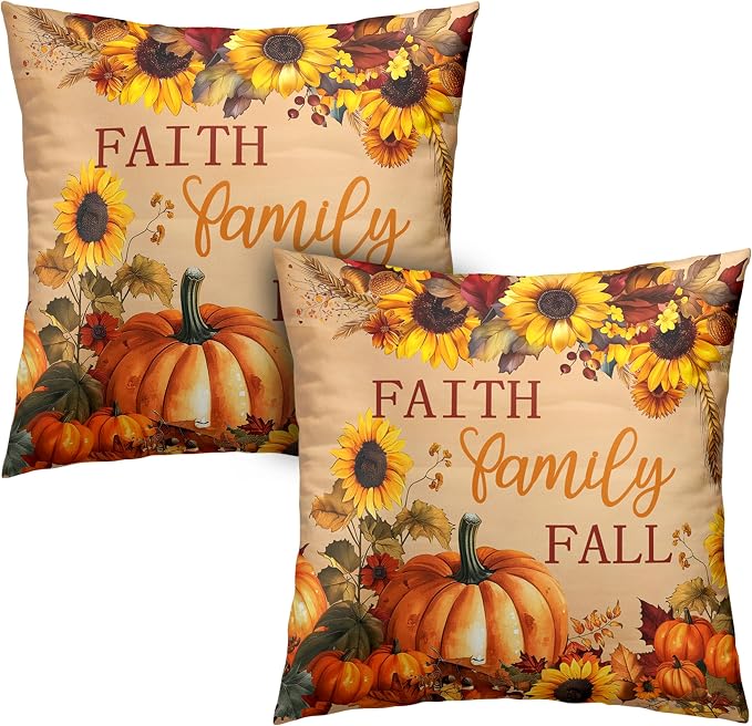 Fall Pillow Covers Pumpkin Sunflower Throw Pillow Covers Autumn Thanksgiving Harvest Pillow Case 22x22 Set of 2 Double Sided Printing Cushion Case for Couch Sofa