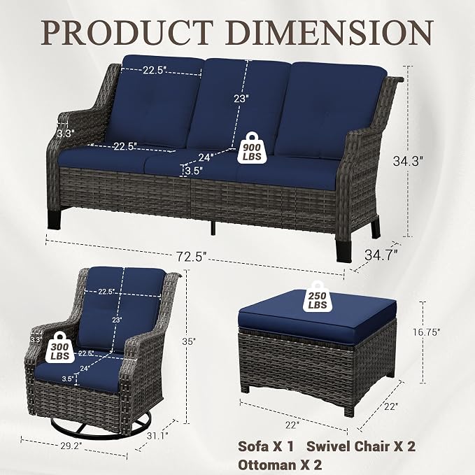 5 Pieces Patio Furniture Set, Outdoor Furniture Set with 2 Patio Swivel Rocking Chairs, 2 PE Rattan Ottoman, 1 Outdoor Wicker Sofa with Thick Cushions, Ideal for Backyard, Garden, Poolside, Blue
