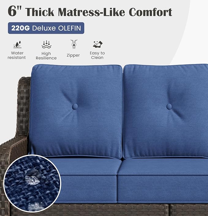 Sundale Outdoor Wicker Patio Furniture Set with Fire Pit, 7 Piece Outdoor Furniture Set with Swivel Chairs, Couch & Ottoman, High Back Patio Conversation Sets with 6" Cushions for Yard, Deck (Blue)