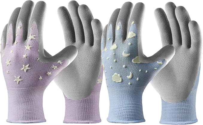 COOLJOB Glow in The Dark Kids Gardening Gloves for Age 6-8, 2 Pairs Children Reflective Yard Work Rubber Coated Gloves, Light Blue with Cloud & Moon, Purple with Stars, Medium