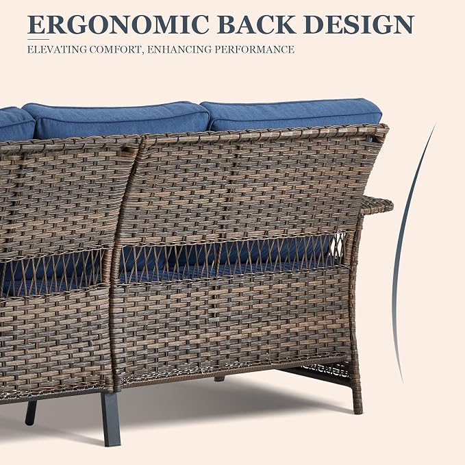 Patio Furniture Set 2 Wicker Swivel Glider Chairs 2 PE Rattan Chairs and 2 Ottomans with Blue Cushions Patio PE Rattan Side Table Brown Wicker Patio Conversation Set 7pcs for Patio