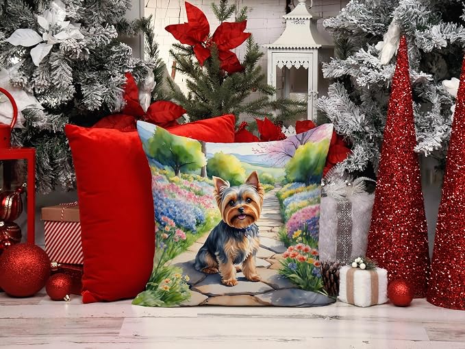 Caroline's Treasures Yorkshire Terrier Spring Path Throw Pillow Machine Washable, Indoor Outdoor Decorative Pillow for Couch, Bed or Patio, 14Hx14W