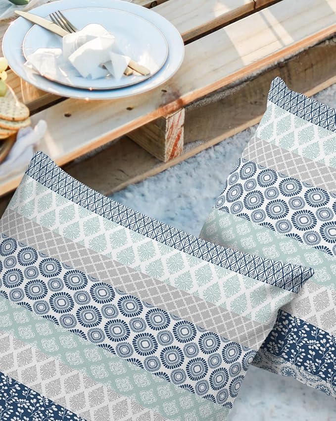 Outdoor Waterproof Throw Pillow Covers Set of 2 Blue Boho Stripe Tribal Vingtage Lumbar Pillowcases 26x26 Inches Bohemian Style Decorative Pillows Cushion Case Patio Pillows for Couch Bed Garden