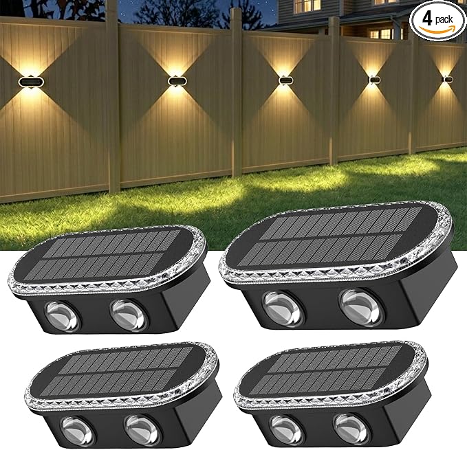 Ellasay Fence Lights Solar Powered: Outdoor LED Wall Lighting Dual Beam and 3 Color Modes IP65 Waterproof 12H Long Lasting Easy Mount for Garden Patio Backyard 4 Pack