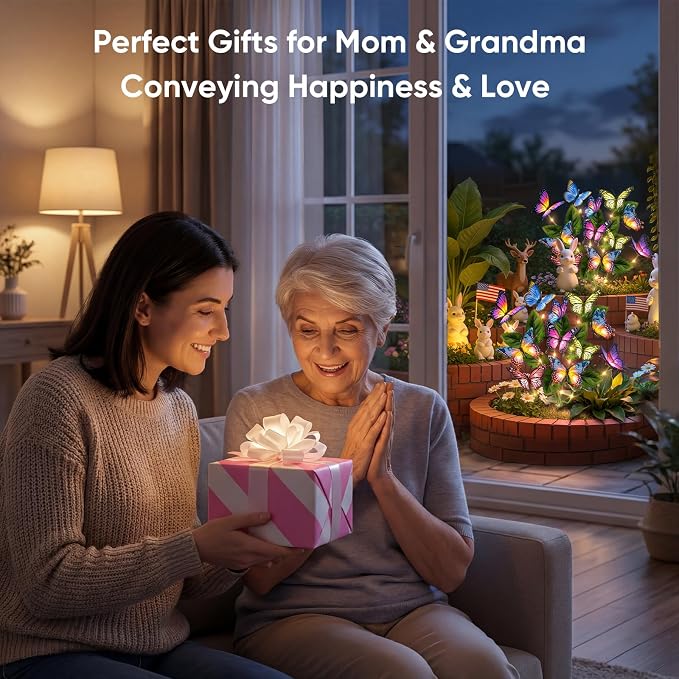 Solar Lights Outdoor Garden Decor: 4 Pack 68 Silk Butterflies with 88 Color-Changing LEDs - Auto On/Off 12H Magical Lighting IP65 Waterproof for Yard Patio Pathway - Unique Gifts for Mom Grandma