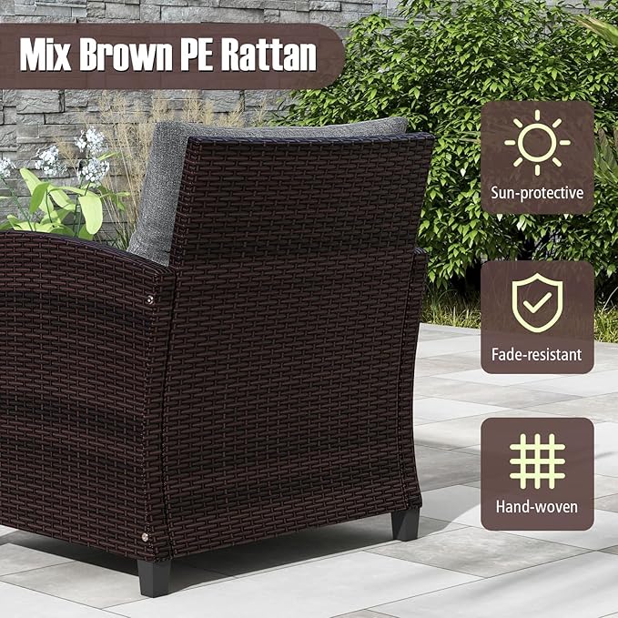 ORALNER 3 Pieces Patio Furniture Set, Outdoor Wicker Conversation Set Rattan Chairs with Cushions, Glass Coffee Table, Bistro Set for Front Porch Balcony Garden Deck Poolside (Grey)