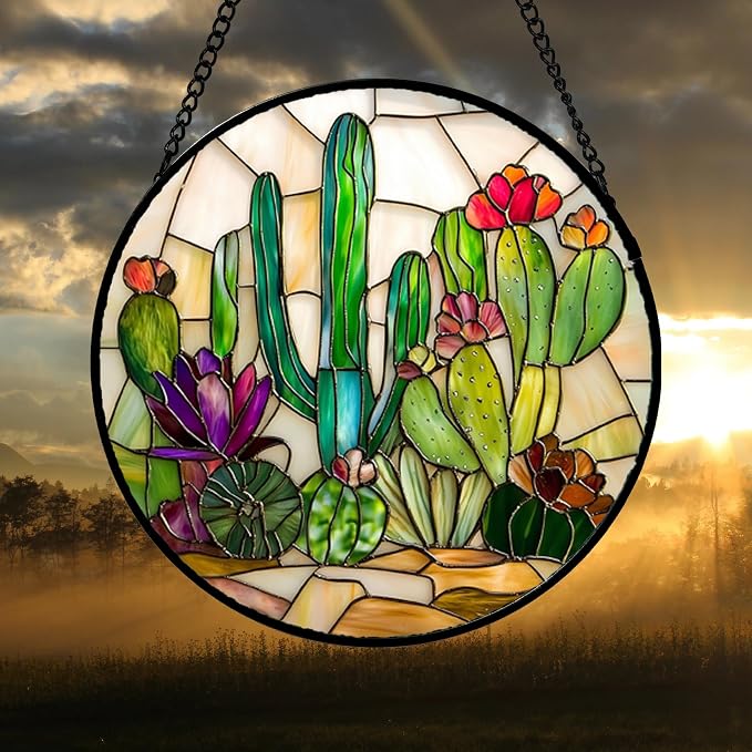 DASTOLL Stained Glass Window Hanging, White Green Cactus Suncatcher Diamond Glass Panel Hangings Sun Catchers Decor for Birthday for Women, Men, Wife, Aunt, and Mom 14.9x14.9 in