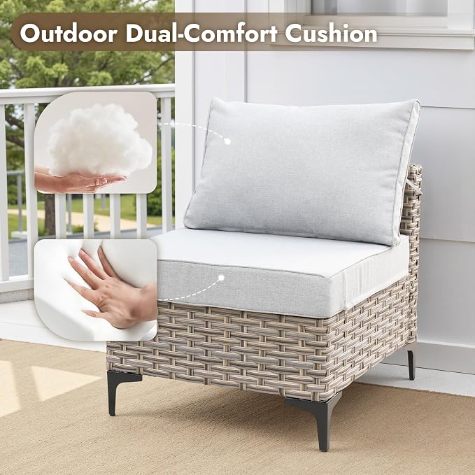 8 Pieces Patio Furniture Set with 42" Fire Pit, All-Weather Rattan Outdoor Sectional Conversation Sets L Shaped Sofas with Solar Light Coffee Table for Porch Balcony Backyard Grey