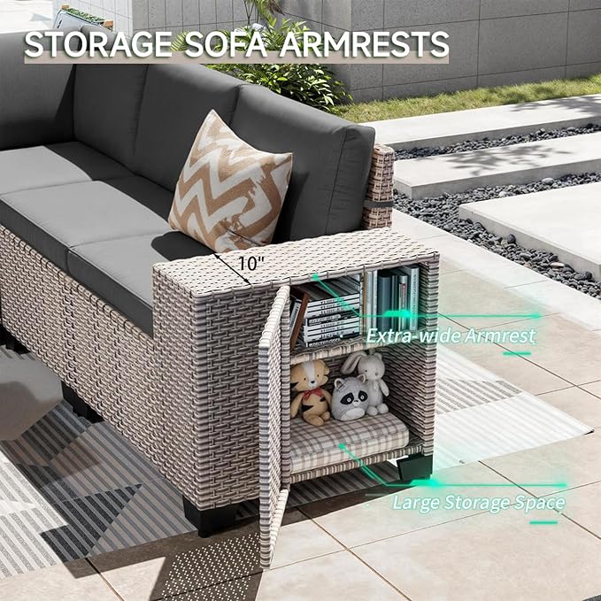 12-Piece Outdoor Patio Furniture Set, Modular Sectional Sofa Set with Glass Coffee Table and Cushions, Wicker Outdoor Couch Conversation Sets, Gray