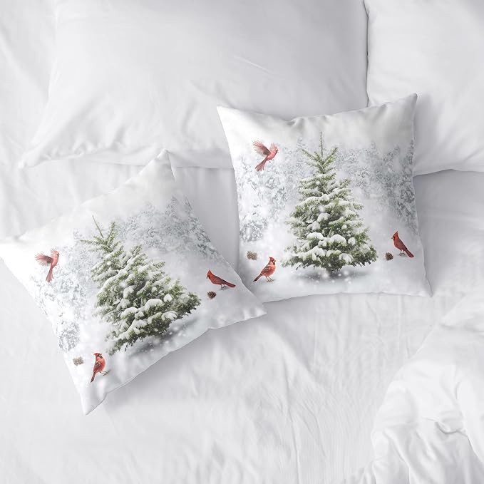 Set of 2 Snowy Winter Throw Pillow Covers 20x20 Natural Forest Pillow Case Christmas Pine Tree with Cardinal Birds Cushion Case for Holiday Decorations Couch Living Room
