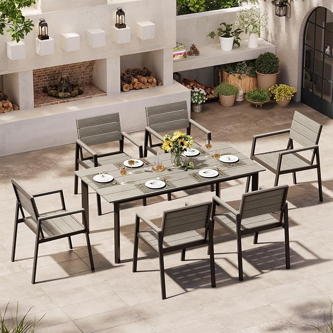 67"*32.3"*29.5" Patio Dining Table, Seamless Rectangle Aluminum + HDPS Outdoor Patio Dining Table with Umbrella Hole, Weather-Resistant for Lawn, Garden, Yard and Indoor Use (Gray)