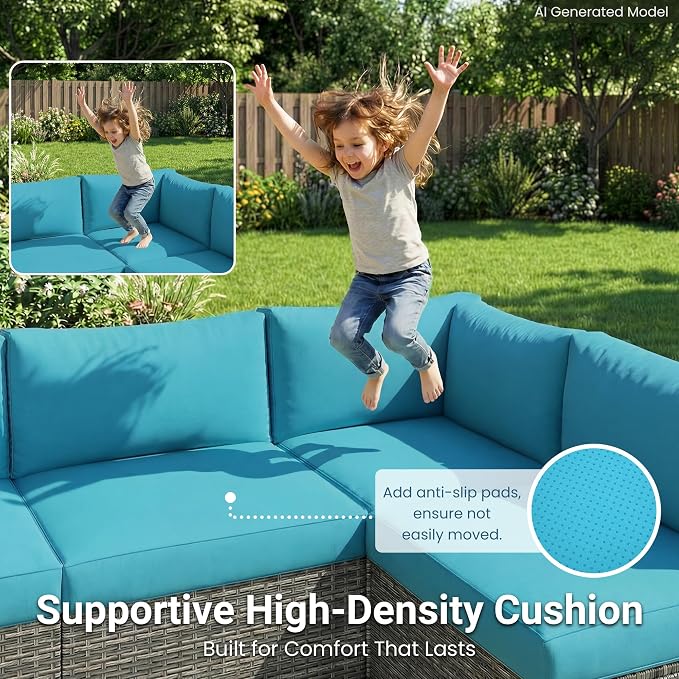 Wisteria Lane 7 Pieces Outdoor Patio Furniture Set, Wicker Outdoor Patio Sectional Sofas with Coffee Table, All-Weather Patio Conversation Set for Garden Backyard, Light Blue