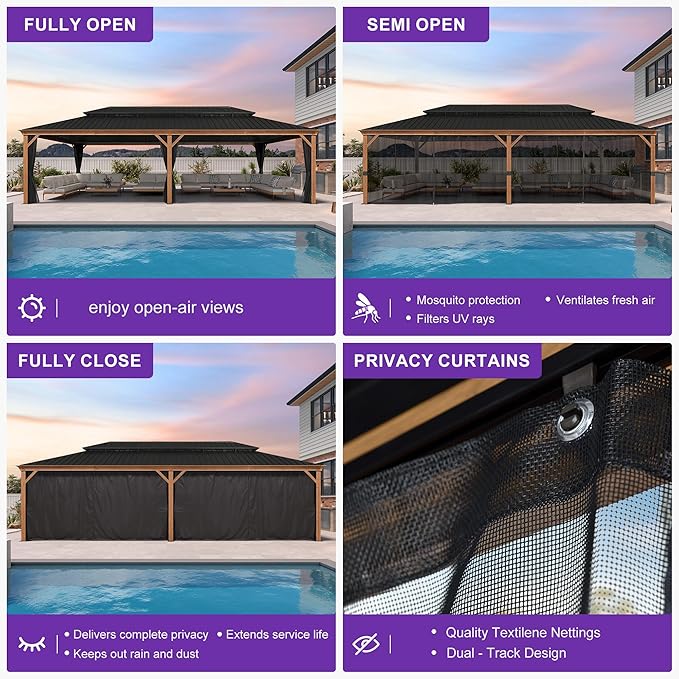 PURPLE LEAF 14' X 24' Outdoor Hardtop Gazebo for Patio Galvanized Steel Double Roof Permanent Canopy Teak Finish Coated Aluminum Frame Pavilion Gazebo with Netting and Black Curtains