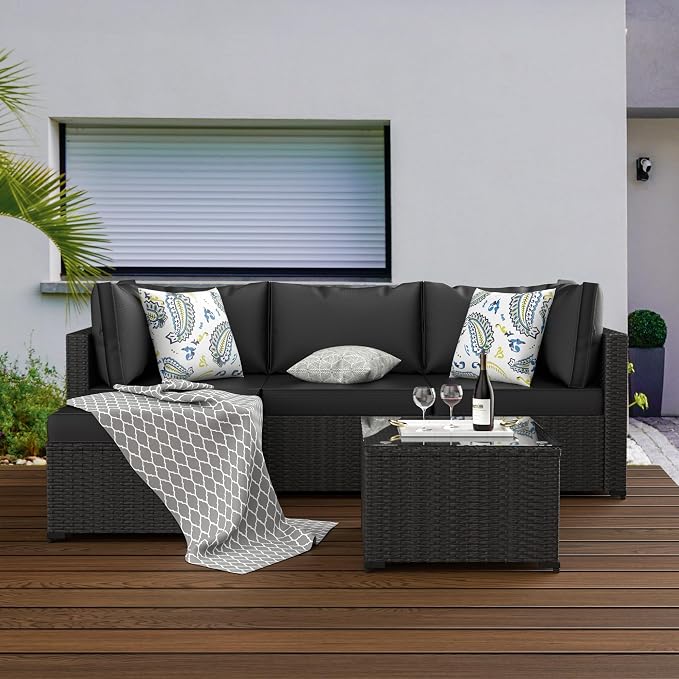 GOJOOASIS Patio Furniture Set Outdoor Sectional Sofa with Ottoman Wicker Couch Rattan Modular Seating Conversation Sets Porch Decor for Backyard, Balcony, Garden (Black)