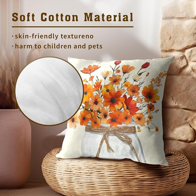 Autumn Flower Throw Pillow Covers 16 x 16 Inches Set of 2,Watercolor Orange Floral Jar Fall Seasonal Pillowcase Square Cushion Cover for Home Living Room Bed Sofa Car