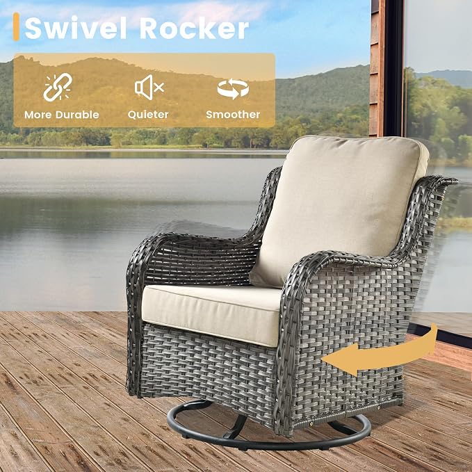HOOOWOOO Outdoor Patio Furniture Set with Fire Pit 10 Pieces Patio Set with Fire Pit Wicker Outdoor Furniture with Fire Pit Table Set Patio Conversation Set with Swivel Chairs,Beige