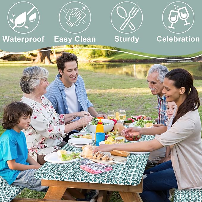 misaya Picnic Table Cover with Bench Cover, Waterproof Elastic Fitted Tablecloth for 8 Foot Tables, Rectangle Washable Polyester Tablecloths for Picnic, Camping, Outdoor (Turquoise, 30" x 96")