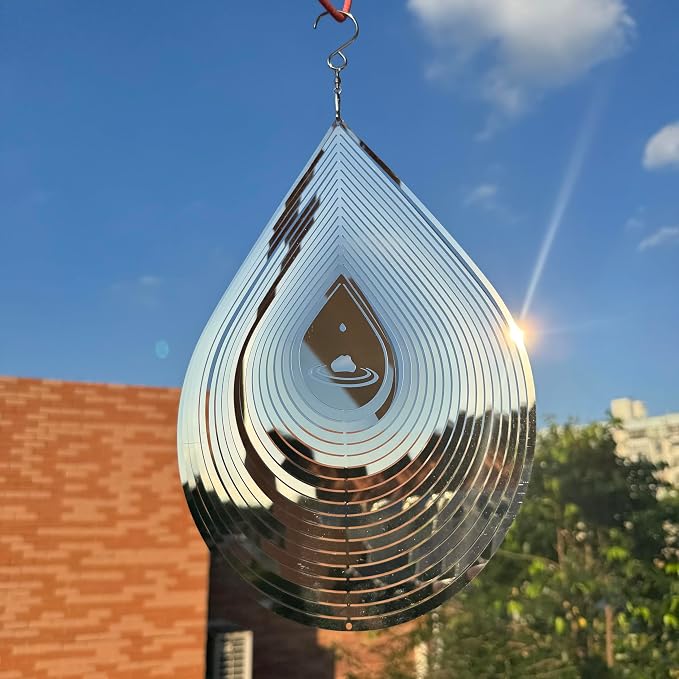 Hanging Wind Spinners,3D Water Droplets Shape Highly Reflective Stainless Steel Outdoor Garden Decor, Decorations to Scare Away Yard Birds 11.4inch 2Pcs